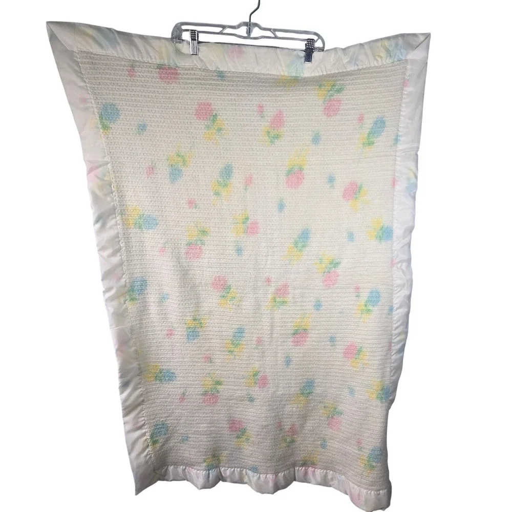 Vintage Baby Pepperell Blanket Pastel Floral Thermal Weave Satin Trim 36